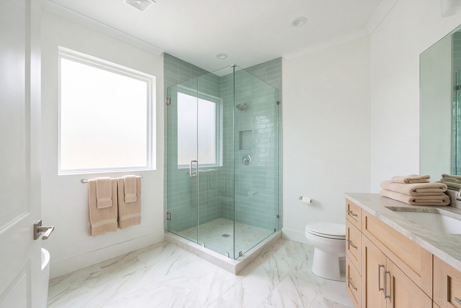 Walk-in shower with glass panel in a Pearland guest bathroom