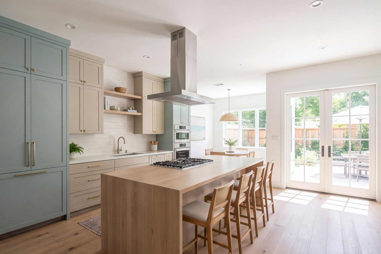 Remodeled kitchen with an island and cabinets to the ceiling